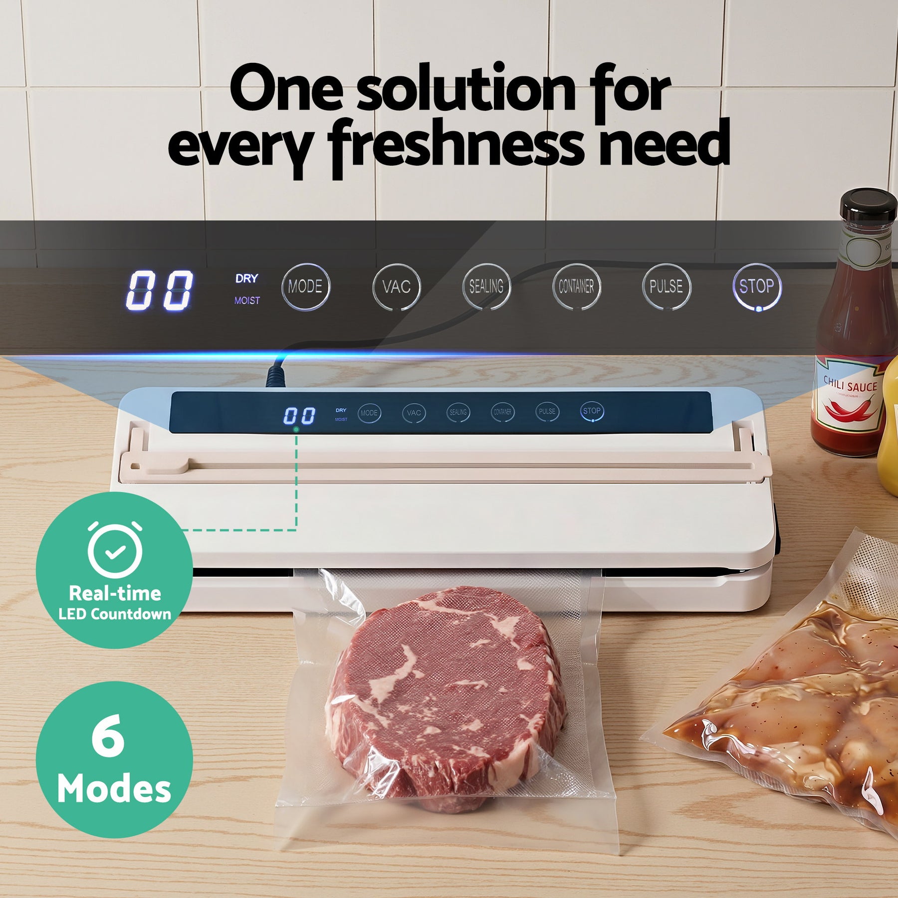 Devanti Food Vacuum Sealer – White 110W, 6 Modes with Slide Cutter
