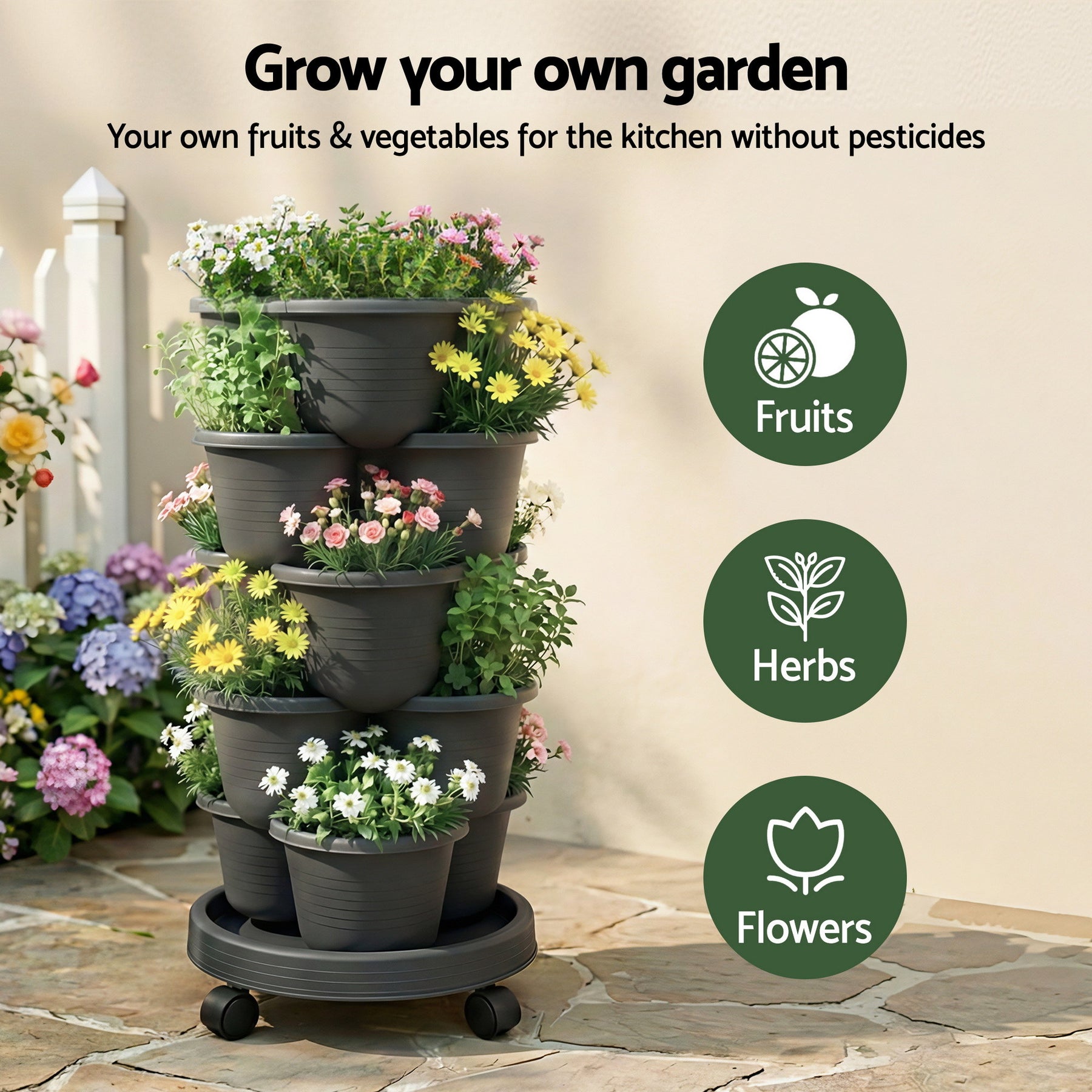 Green Fingers 5 Tier Vertical Garden Planter – Black with Wheels