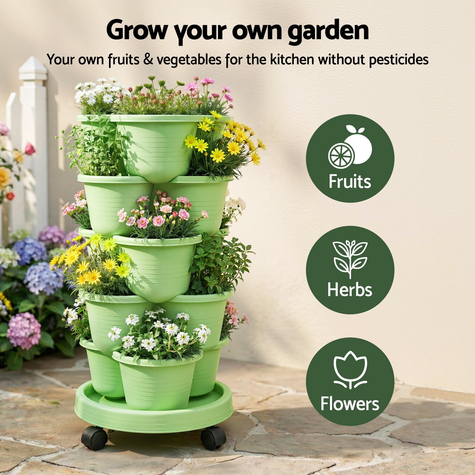Green Fingers 5 Tier Vertical Garden Planter – Light Green with Wheels