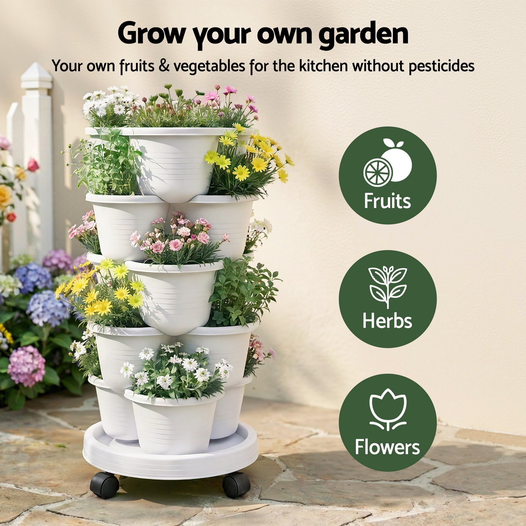 Green Fingers 5 Tier Vertical Garden Planter – White with Wheels