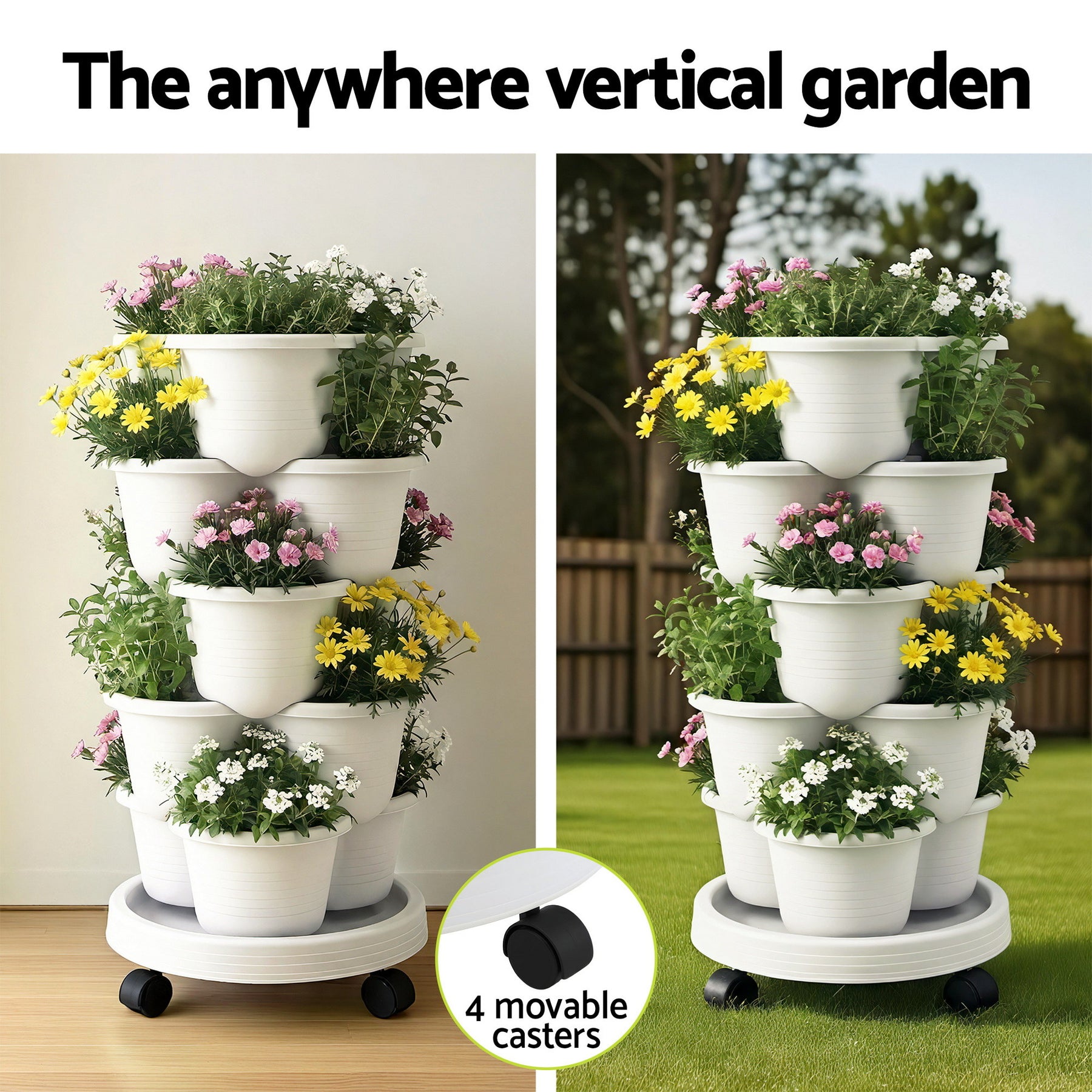 Green Fingers 5 Tier Vertical Garden Planter – White with Wheels