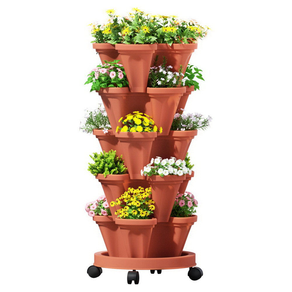 Green Fingers 5-Pot Strawberry Planter, 35cm x 35cm x 75cm, Brick Red, Stackable - SuperSaverAU - view 1