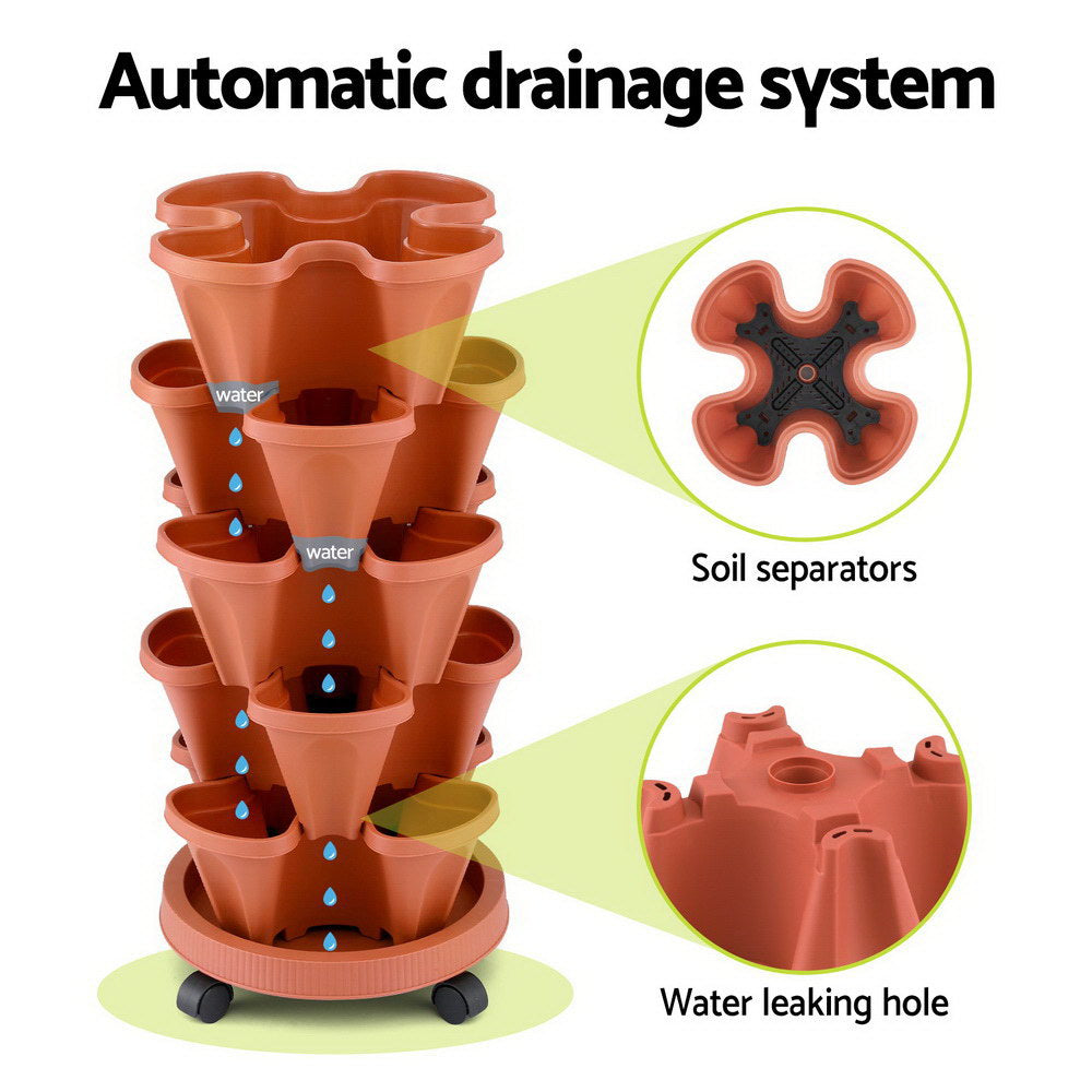 Green Fingers 5-Pot Strawberry Planter, 35cm x 35cm x 75cm, Brick Red, Stackable - SuperSaverAU - view 4