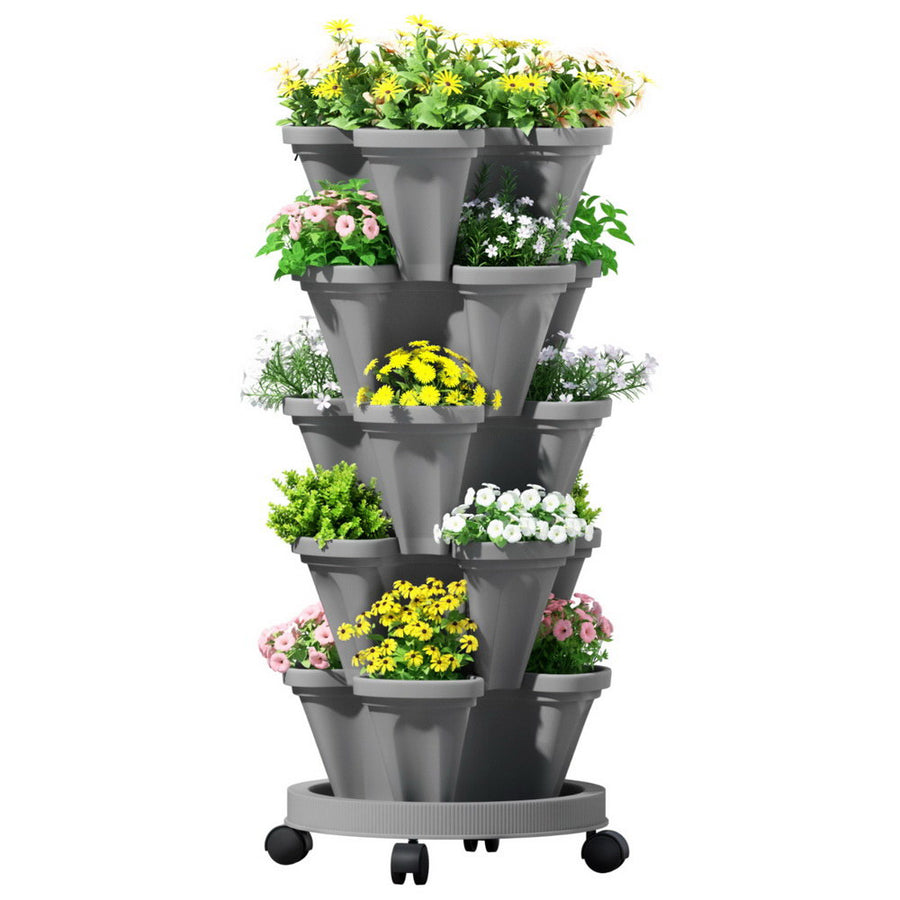 Green Fingers 5-Pot Vertical Strawberry Planter – Grey with Casters