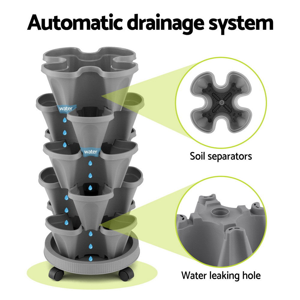 Green Fingers 5-Pot Vertical Strawberry Planter – Grey with Casters