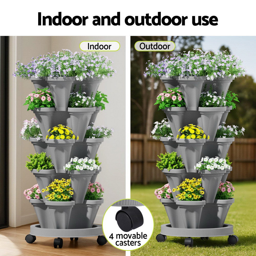 Green Fingers 5-Pot Vertical Strawberry Planter – Grey with Casters