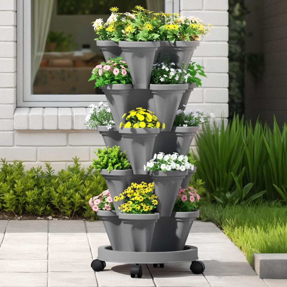 Green Fingers 5-Pot Vertical Strawberry Planter – Grey with Casters