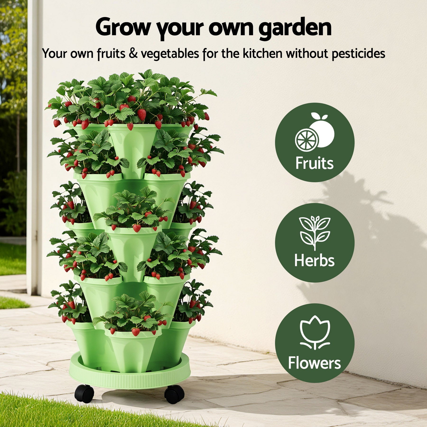 Green Fingers 5-Tier Stackable Vertical Garden Bed – Light Green with Casters