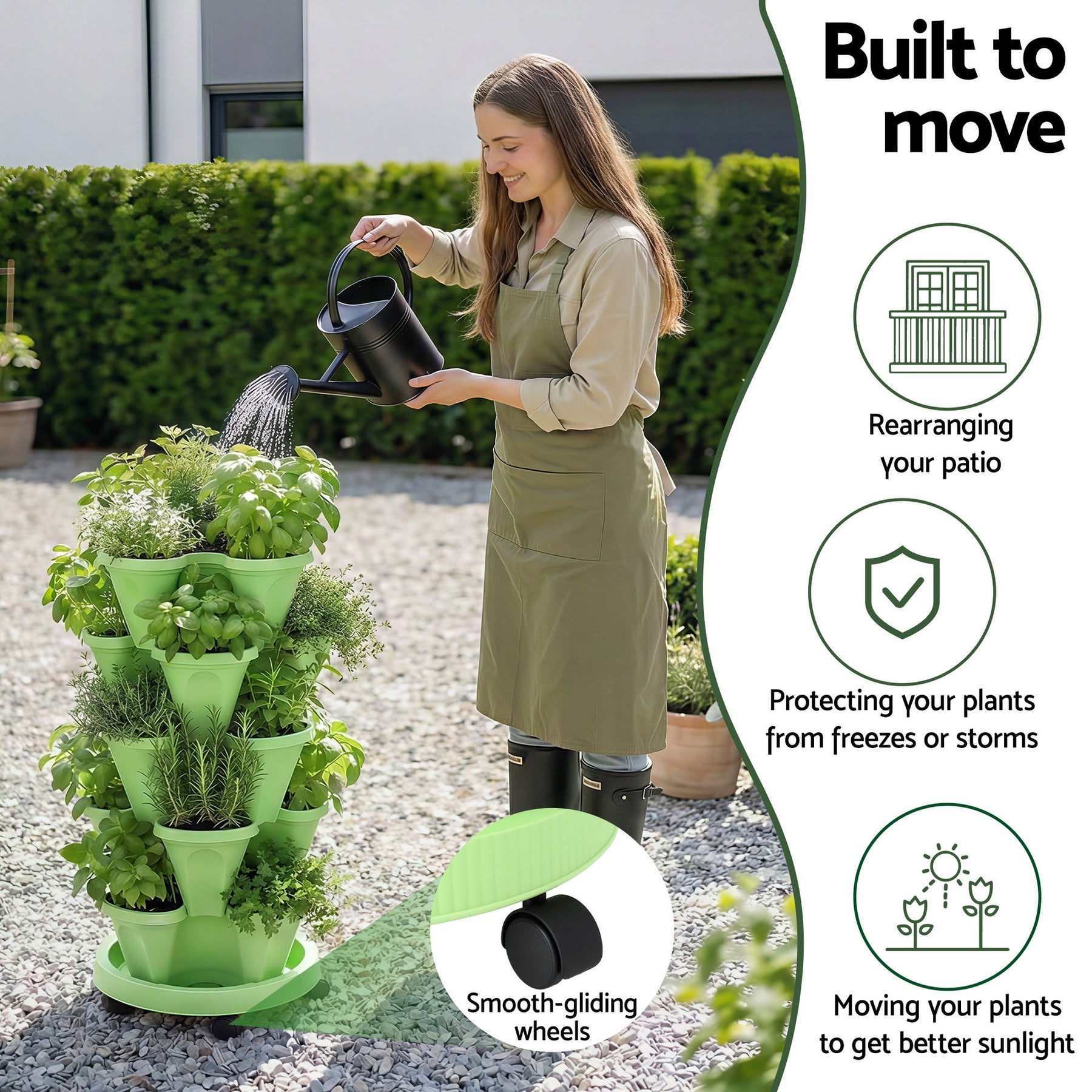Green Fingers 5-Tier Stackable Vertical Garden Bed – Light Green with Casters