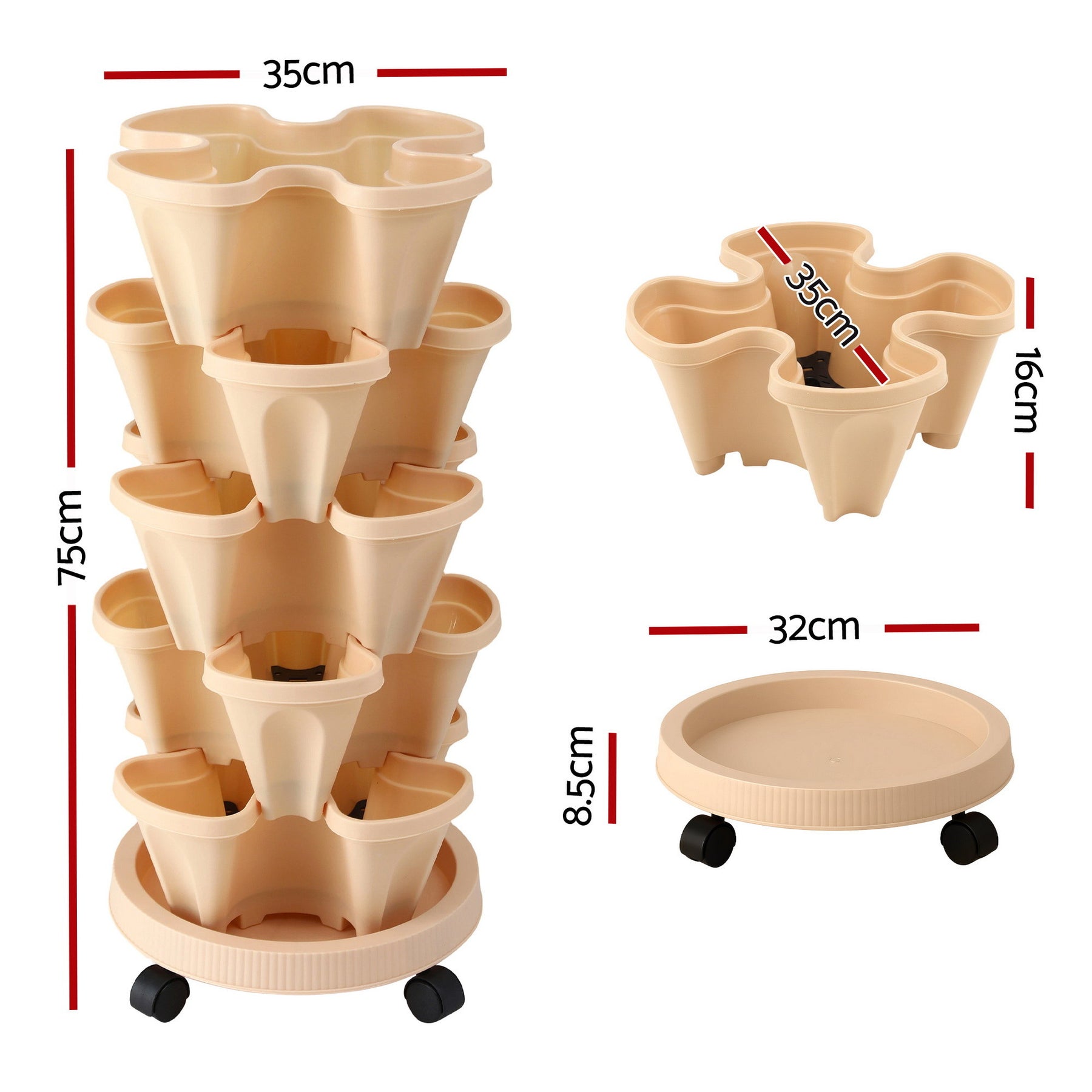 Green Fingers 5-Tier Stackable Vertical Garden Bed – Beige with Casters