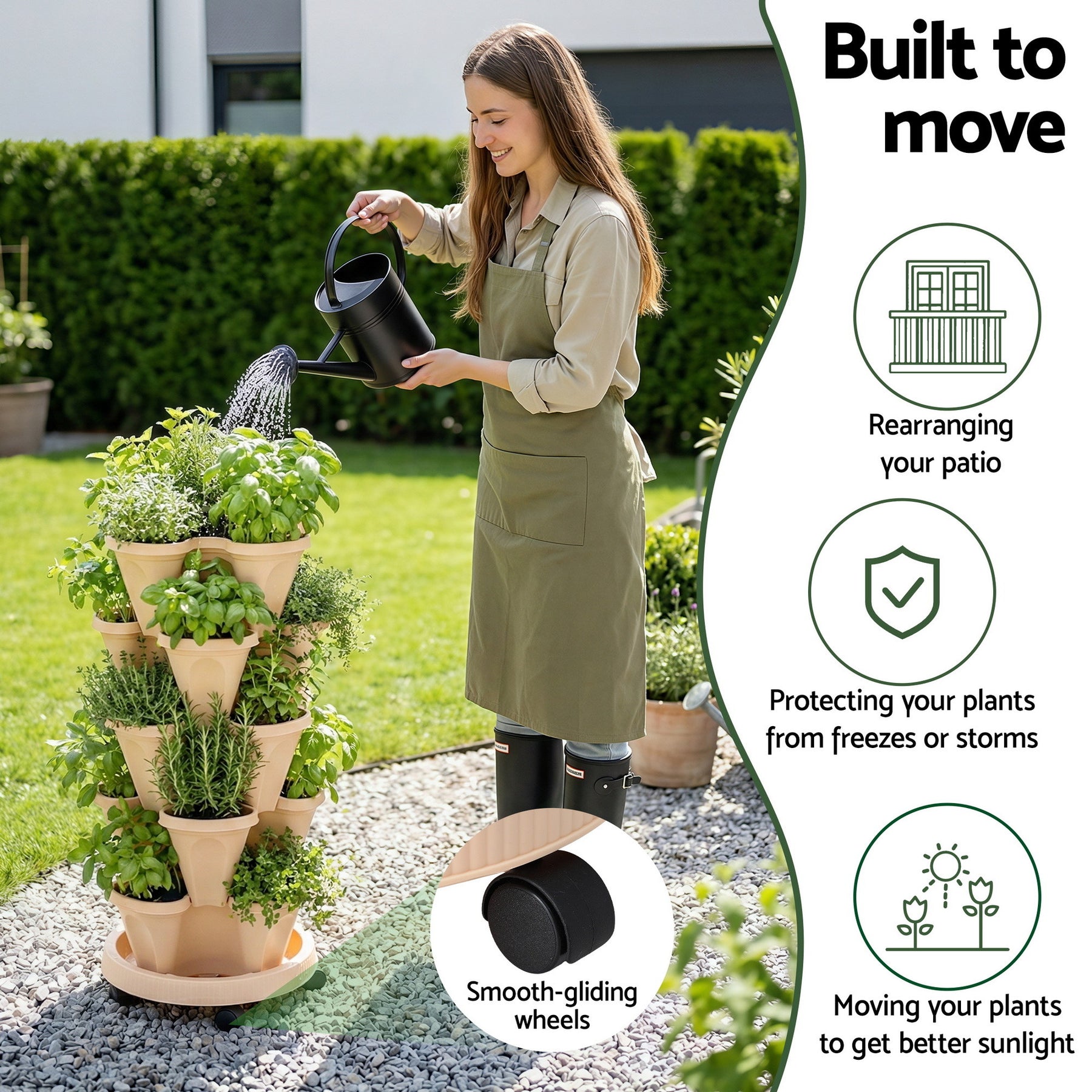Green Fingers 5-Tier Stackable Vertical Garden Bed – Beige with Casters