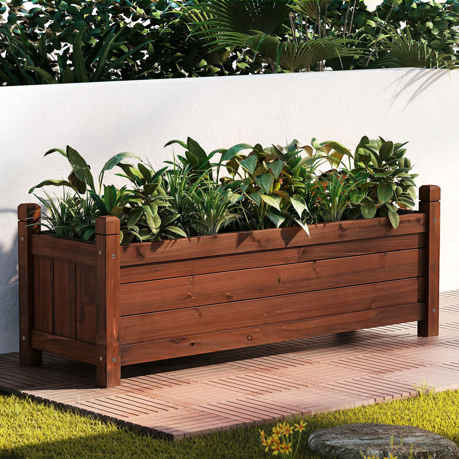 Green Fingers Garden Bed Wooden Planter Box Raised Container Growing 90x30x33cm Brown - SuperSaverAU - view 1