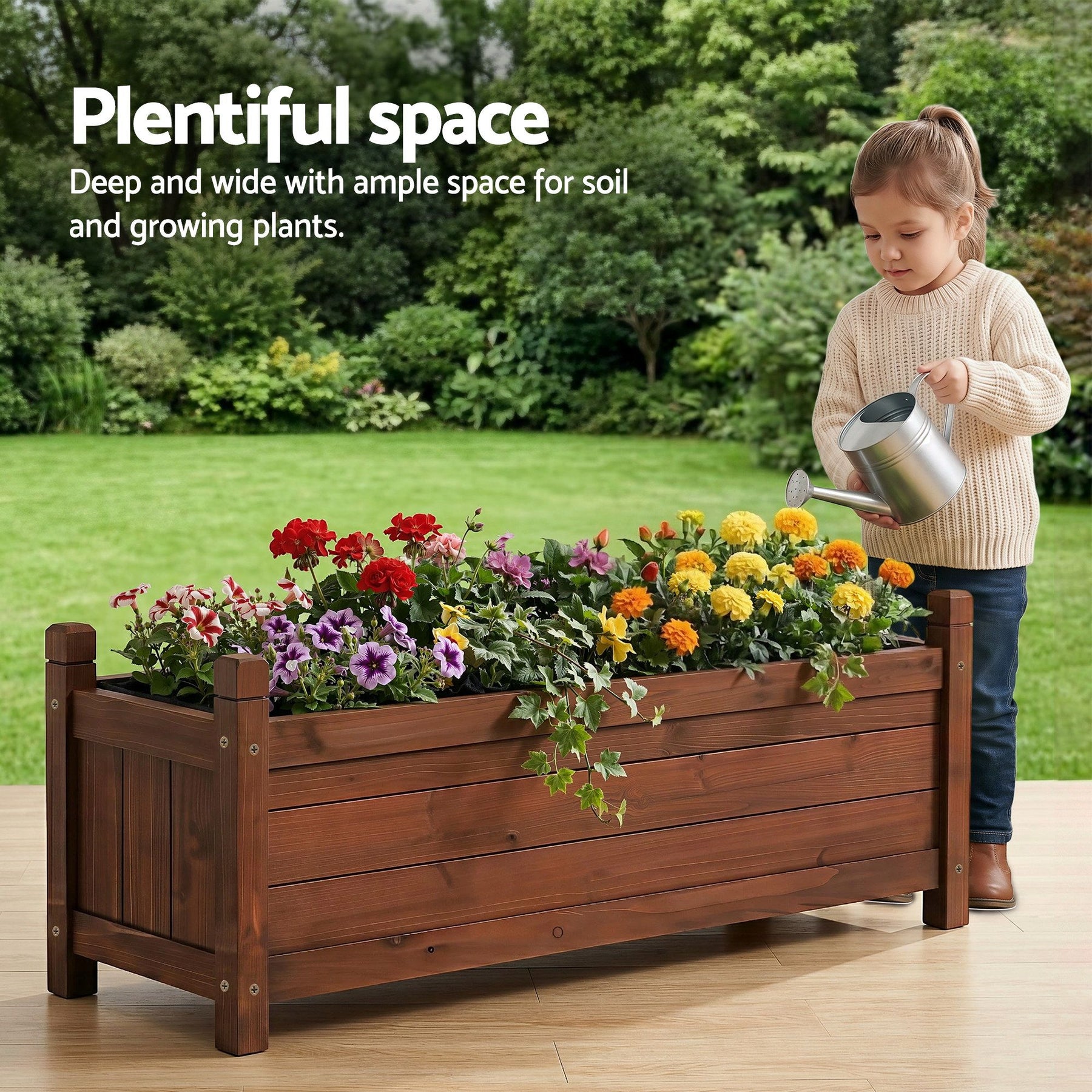 Green Fingers Garden Bed Wooden Planter Box Raised Container Growing 90x30x33cm Brown - SuperSaverAU - view 8