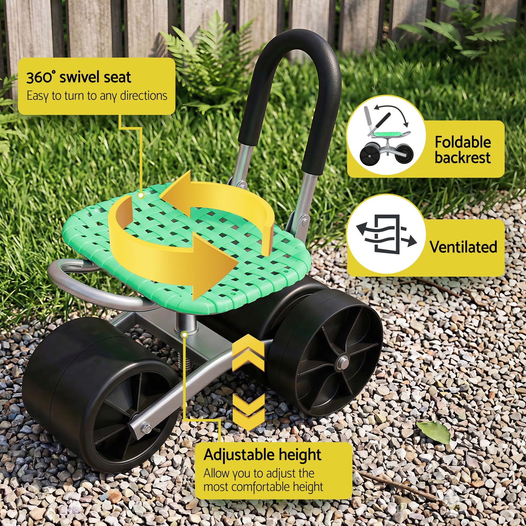 Gardeon Rolling Garden Work Seat – Green 130kg, 360° Swivel Adjustable Stool
