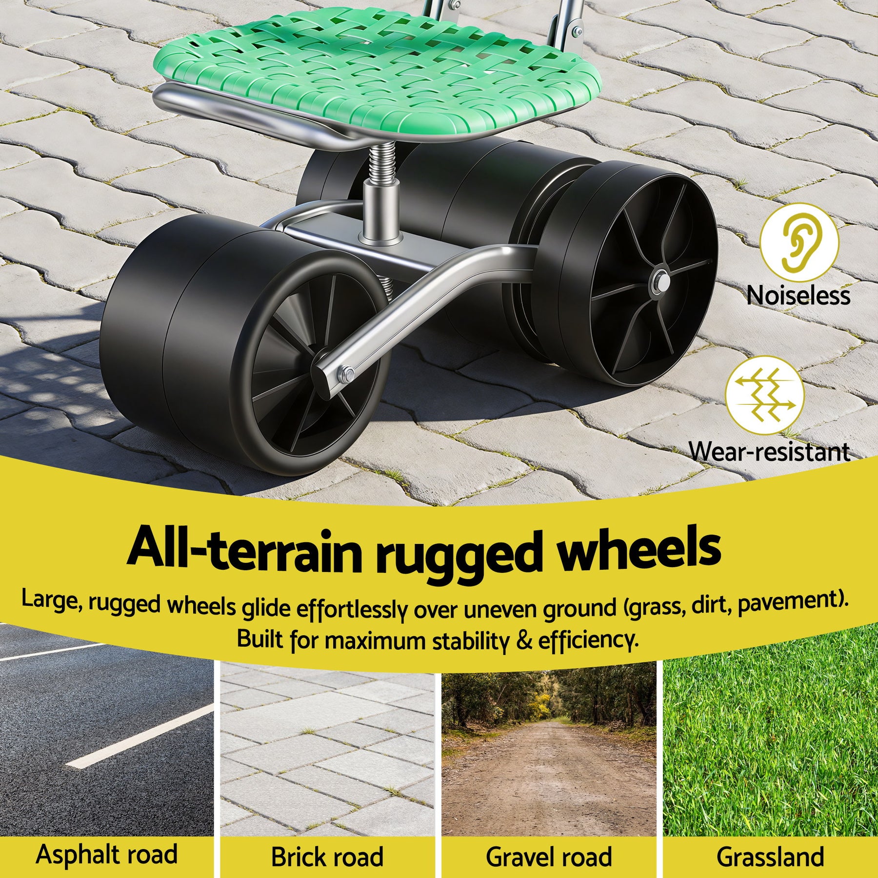 Gardeon Rolling Garden Work Seat – Green 130kg, 360° Swivel Adjustable Stool