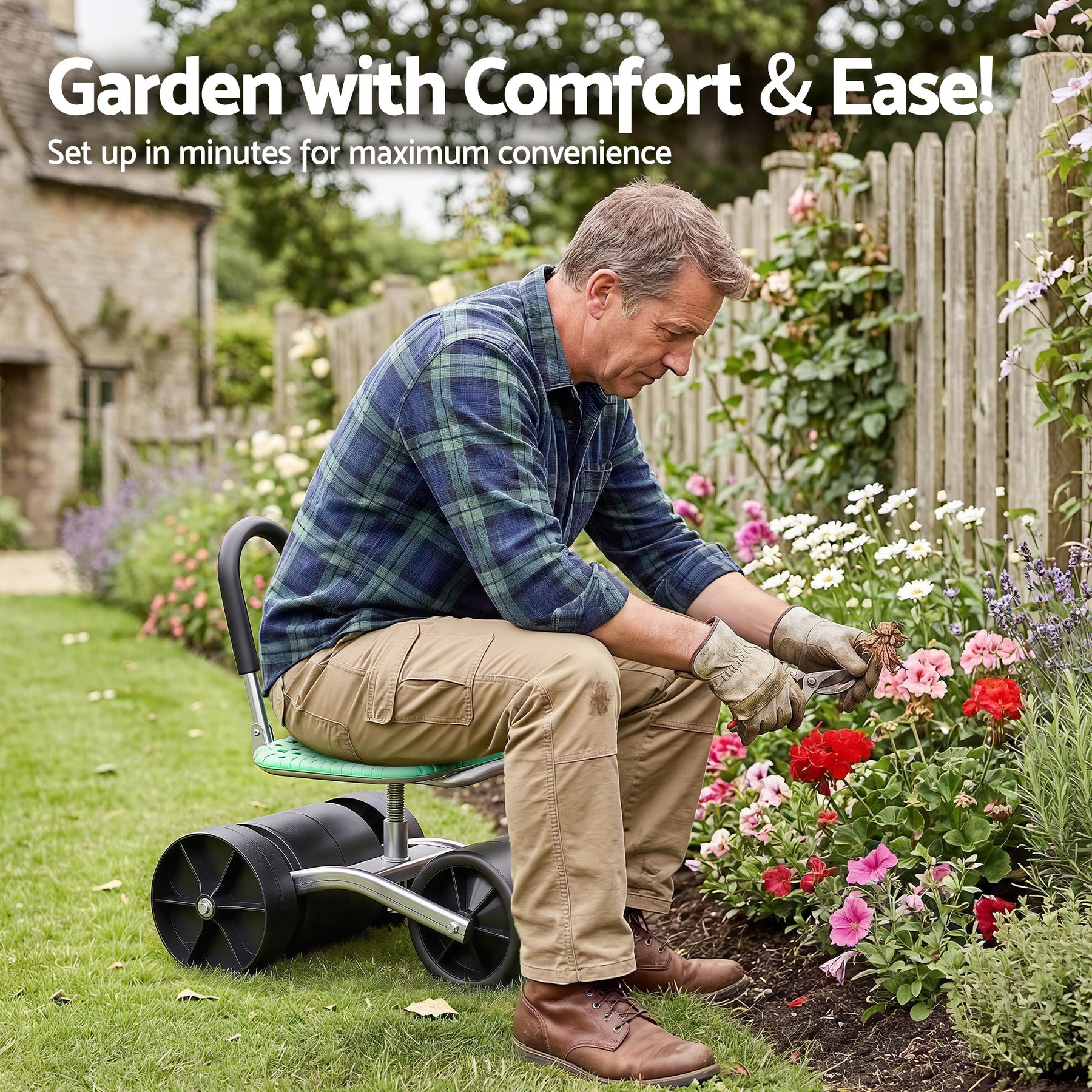 Gardeon Rolling Garden Work Seat – Green 130kg, 360° Swivel Adjustable Stool