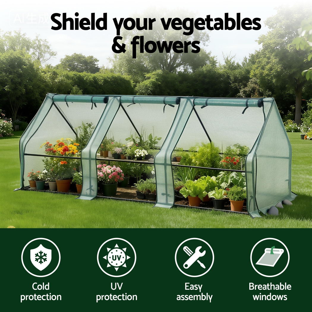 Green Fingers Mini Greenhouse 240x90x90cm Steel Frame PE Cover Outdoor Shelter - SuperSaverAU - view 3