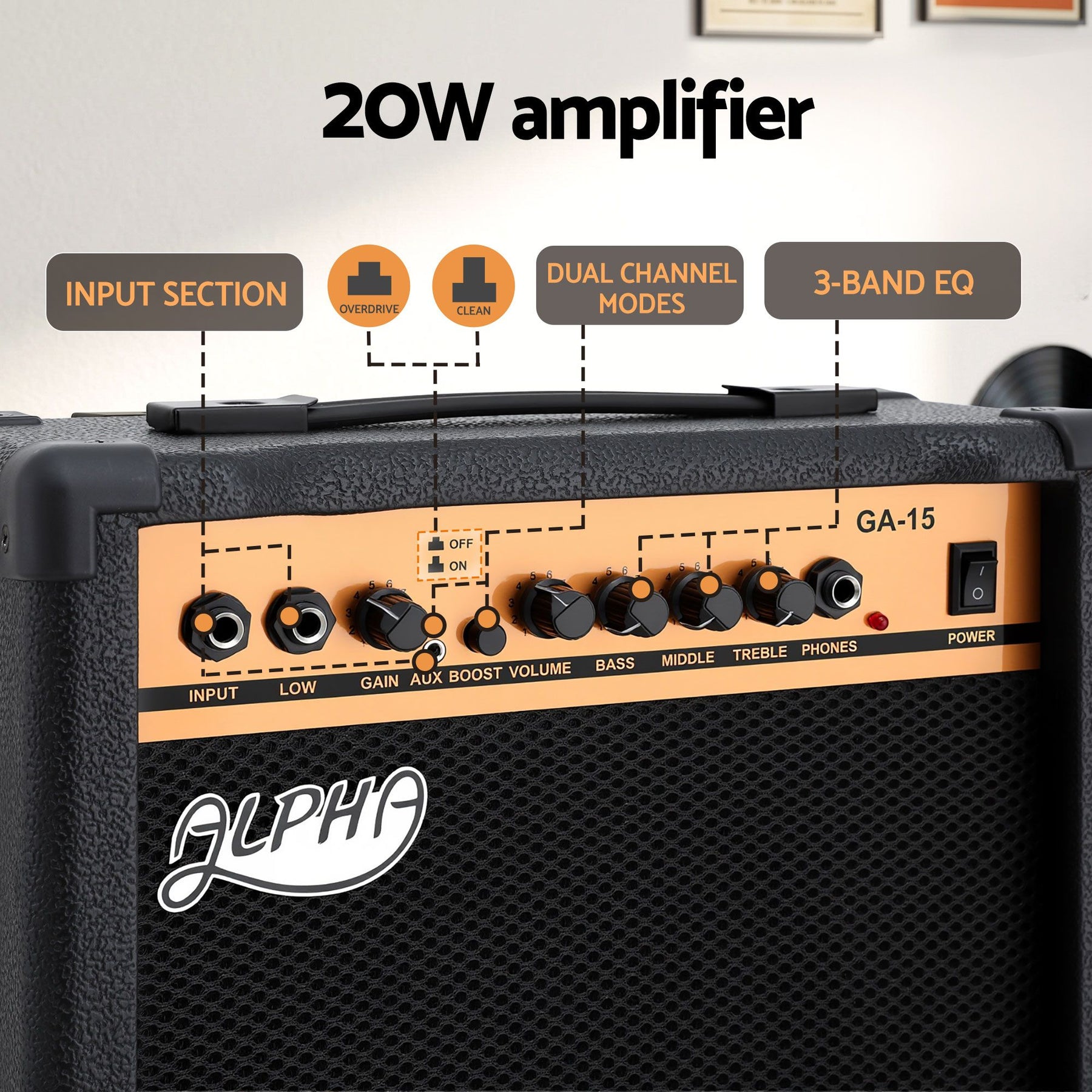 Alpha 20W Portable Guitar Amplifier with Overdrive - Black