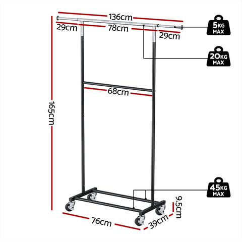 Artiss Clothes Rack Double Rod Airer Rail Coat Stand Adjustable Hanger - SuperSaverAU - view 2