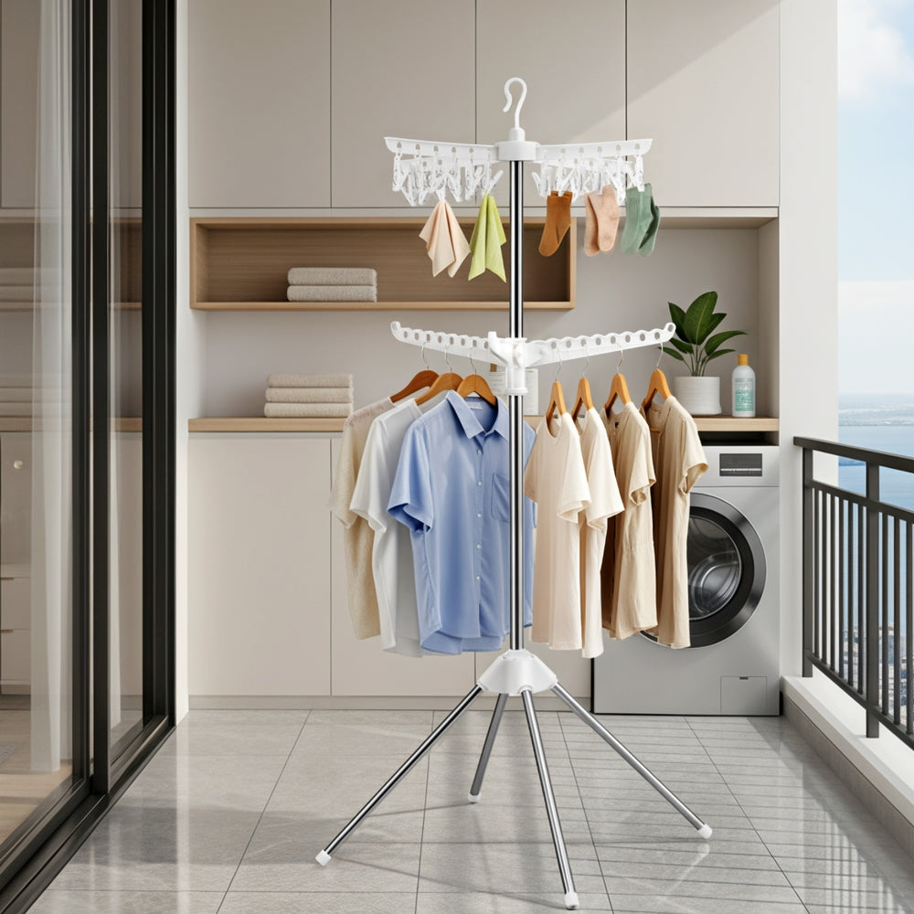 Artiss 2-Tier Rotatable Clothes Drying Rack with Clips