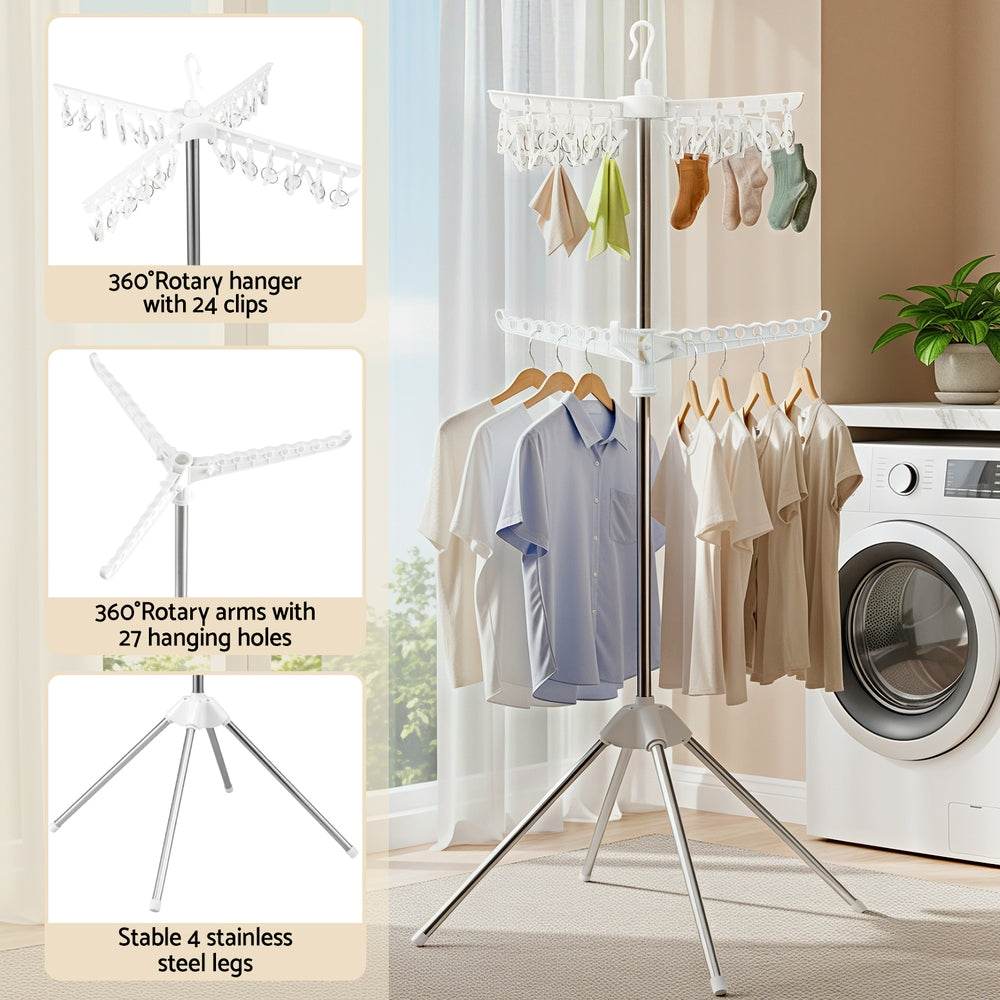 Artiss 2-Tier Rotatable Clothes Drying Rack with Clips