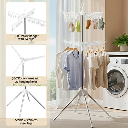Artiss 2-Tier Rotatable Clothes Drying Rack with Clips