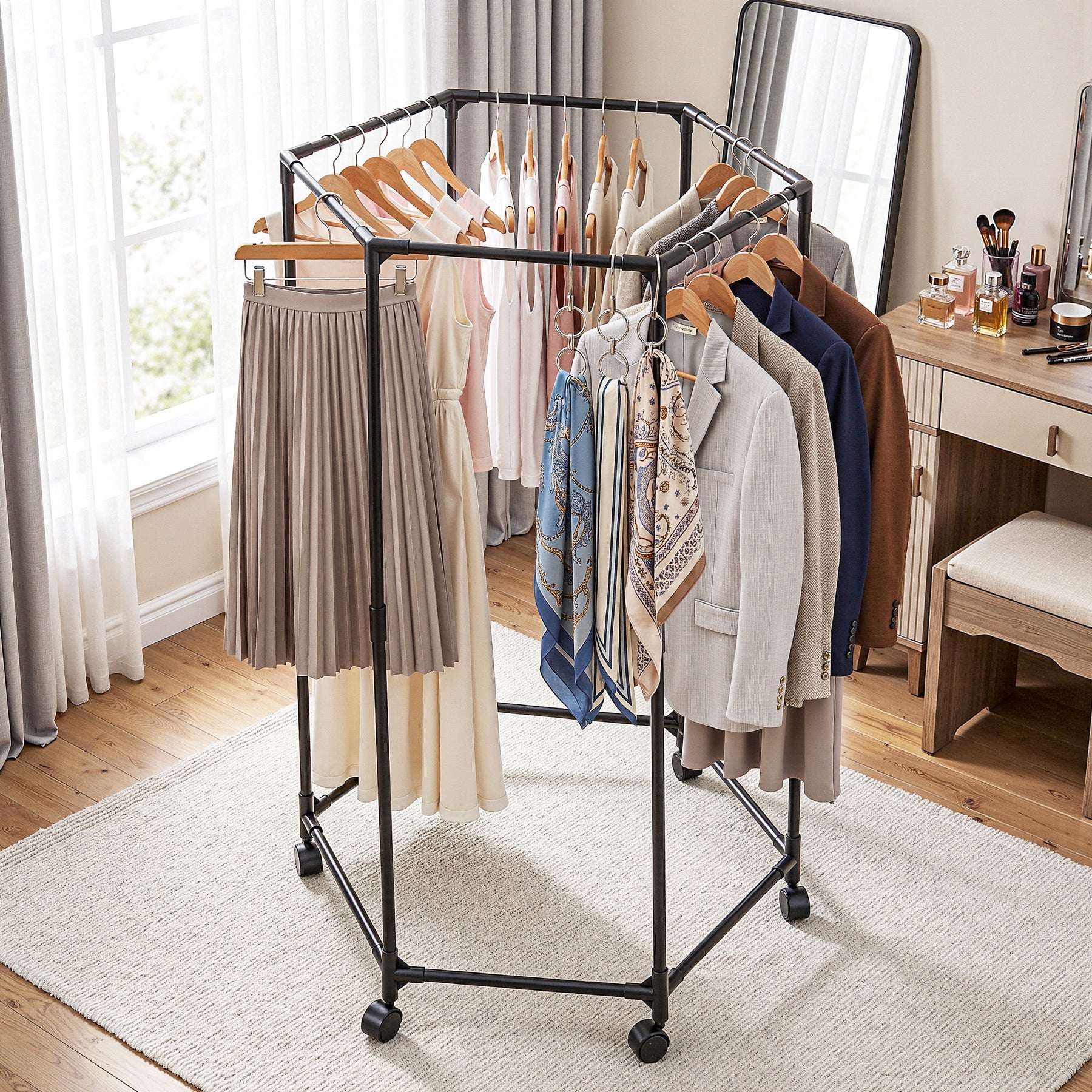 Artiss Clothes Rack Black 6 Rod Garment Airer with Wheels 50kg Capacity
