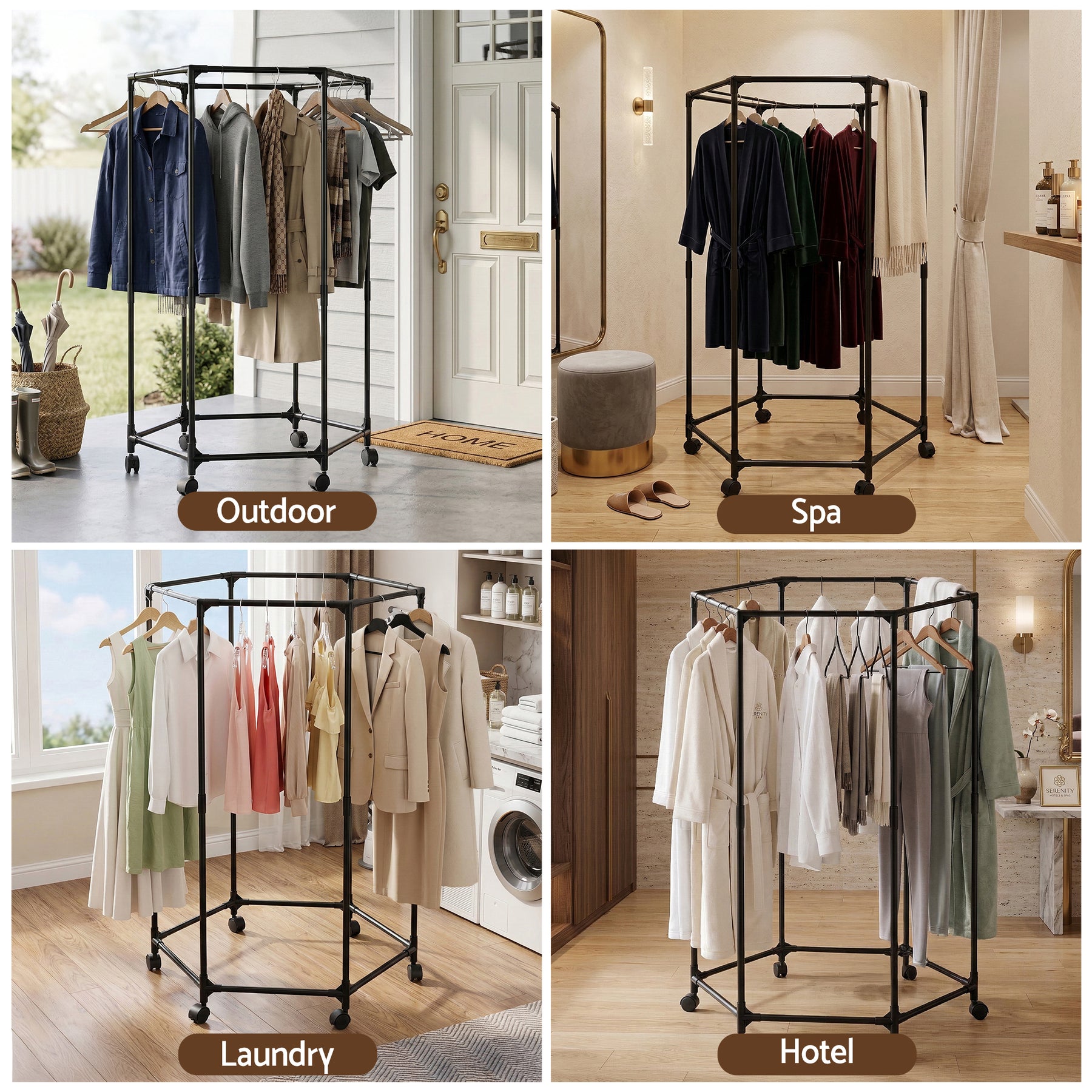 Artiss Clothes Rack Black 6 Rod Garment Airer with Wheels 50kg Capacity