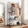 Artiss Double Rod Clothes Rack Black Coat Stand with Wheels and Storage Shelves