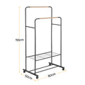Artiss Double Rod Clothes Rack Black Coat Stand with Wheels and Storage Shelves