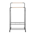 Artiss Double Rod Clothes Rack Black Coat Stand with Wheels and Storage Shelves