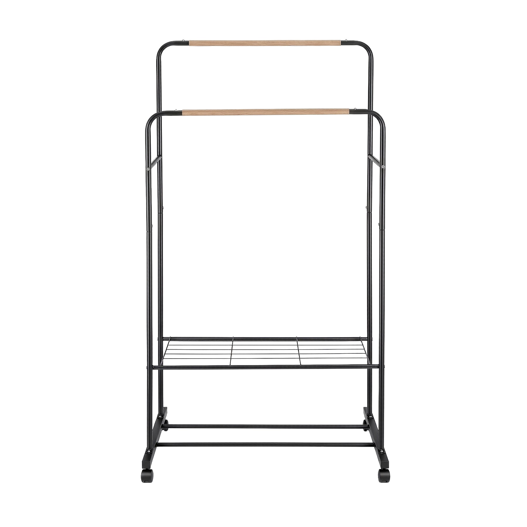 Artiss Double Rod Clothes Rack Black Coat Stand with Wheels and Storage Shelves