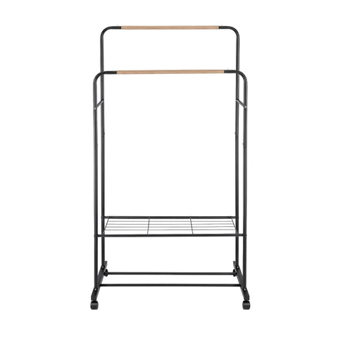 Artiss Double Rod Clothes Rack Black Coat Stand with Wheels and Storage Shelves