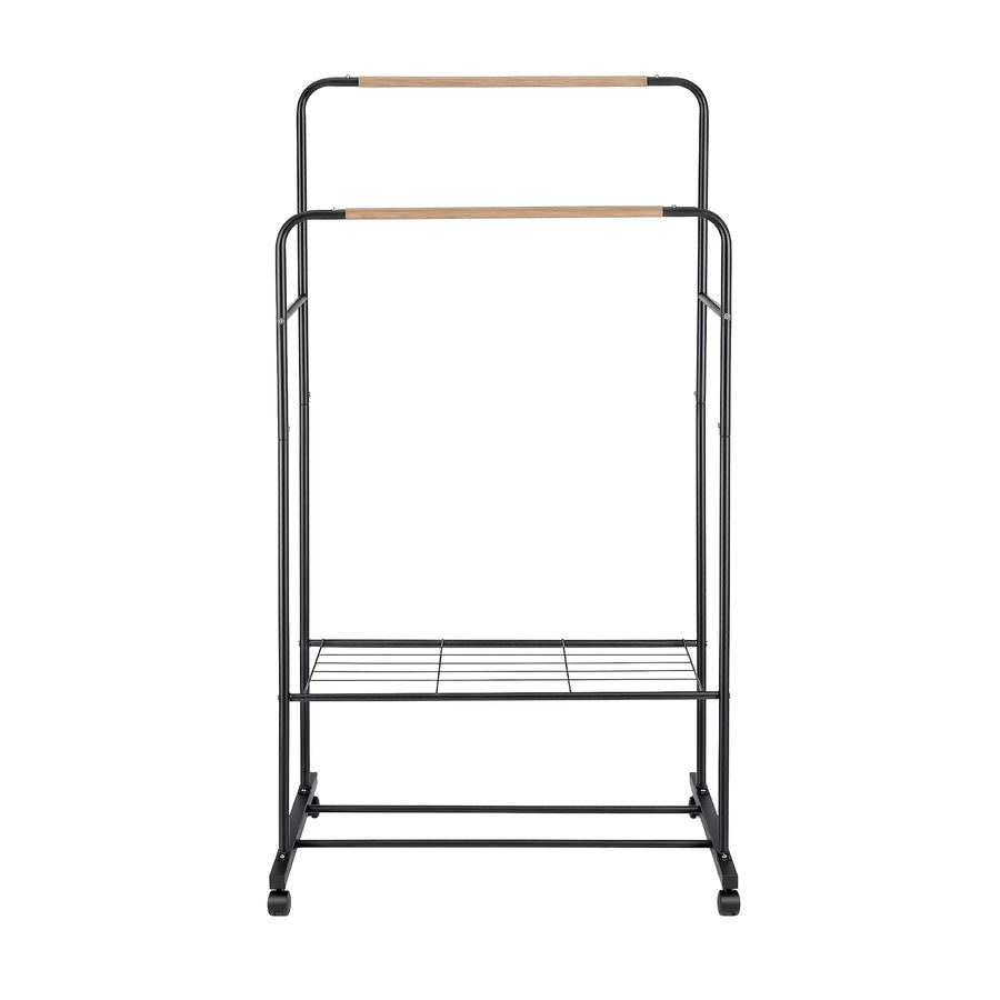Artiss Double Rod Clothes Rack Black Coat Stand with Wheels and Storage Shelves