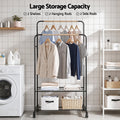 Artiss Double Rod Clothes Rack Black Coat Stand with Wheels and Storage Shelves