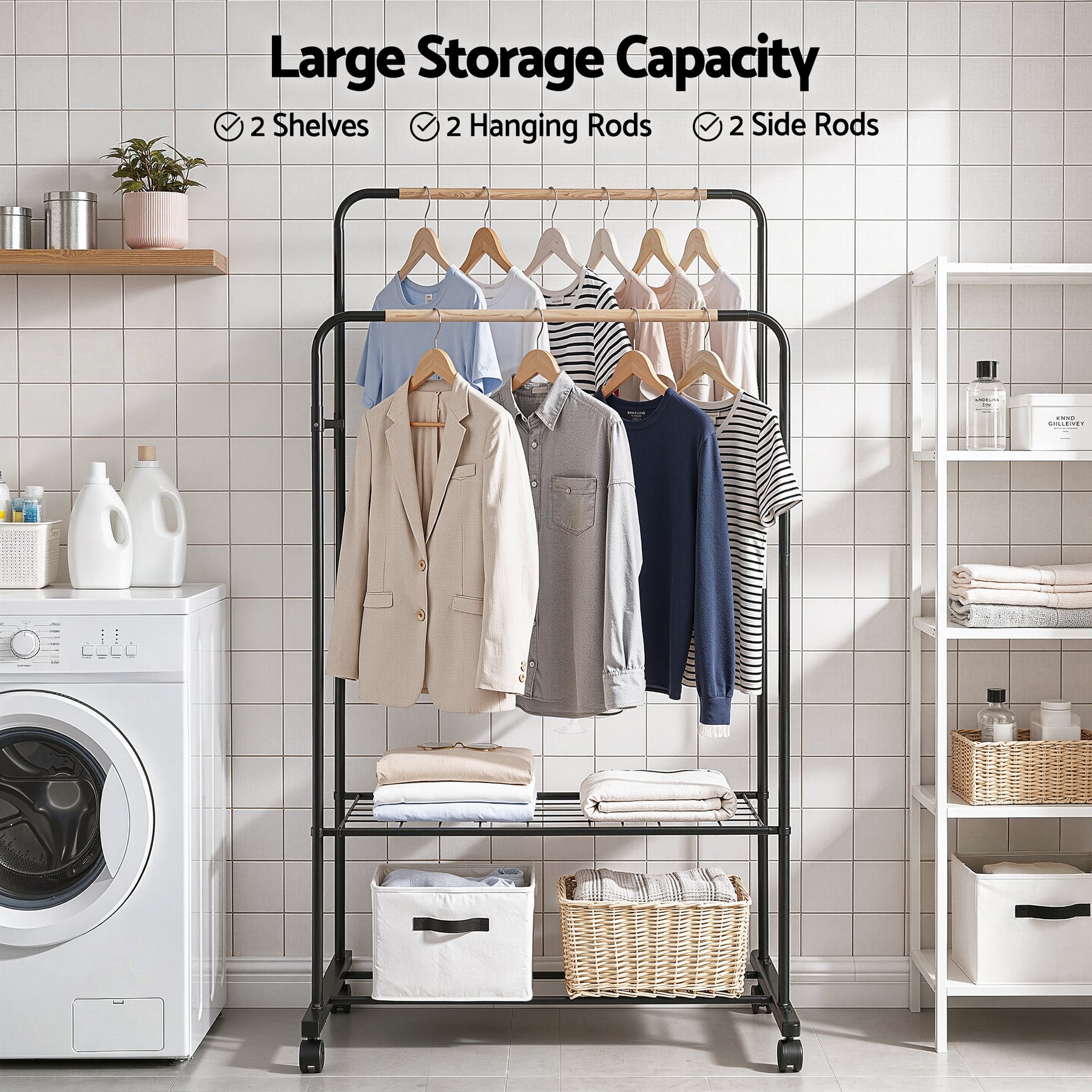 Artiss Double Rod Clothes Rack Black Coat Stand with Wheels and Storage Shelves
