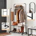 Artiss Double Rod Clothes Rack Black Coat Stand with Wheels and Storage Shelves