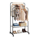 Artiss Double Rod Clothes Rack Black Coat Stand with Wheels and Storage Shelves