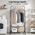 Artiss Double Rod Clothes Rack Black Coat Stand with Wheels and Storage Shelves