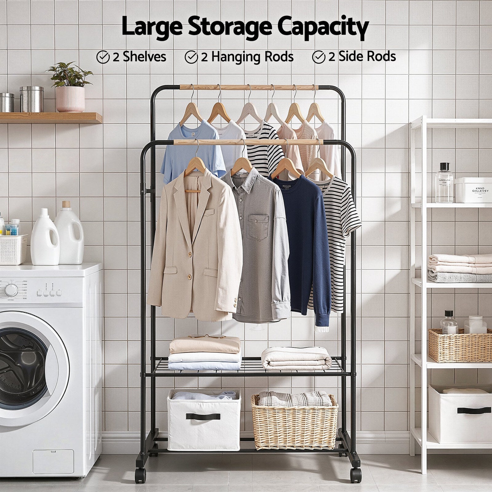 Artiss Double Rod Clothes Rack Black Coat Stand with Wheels and Storage Shelves