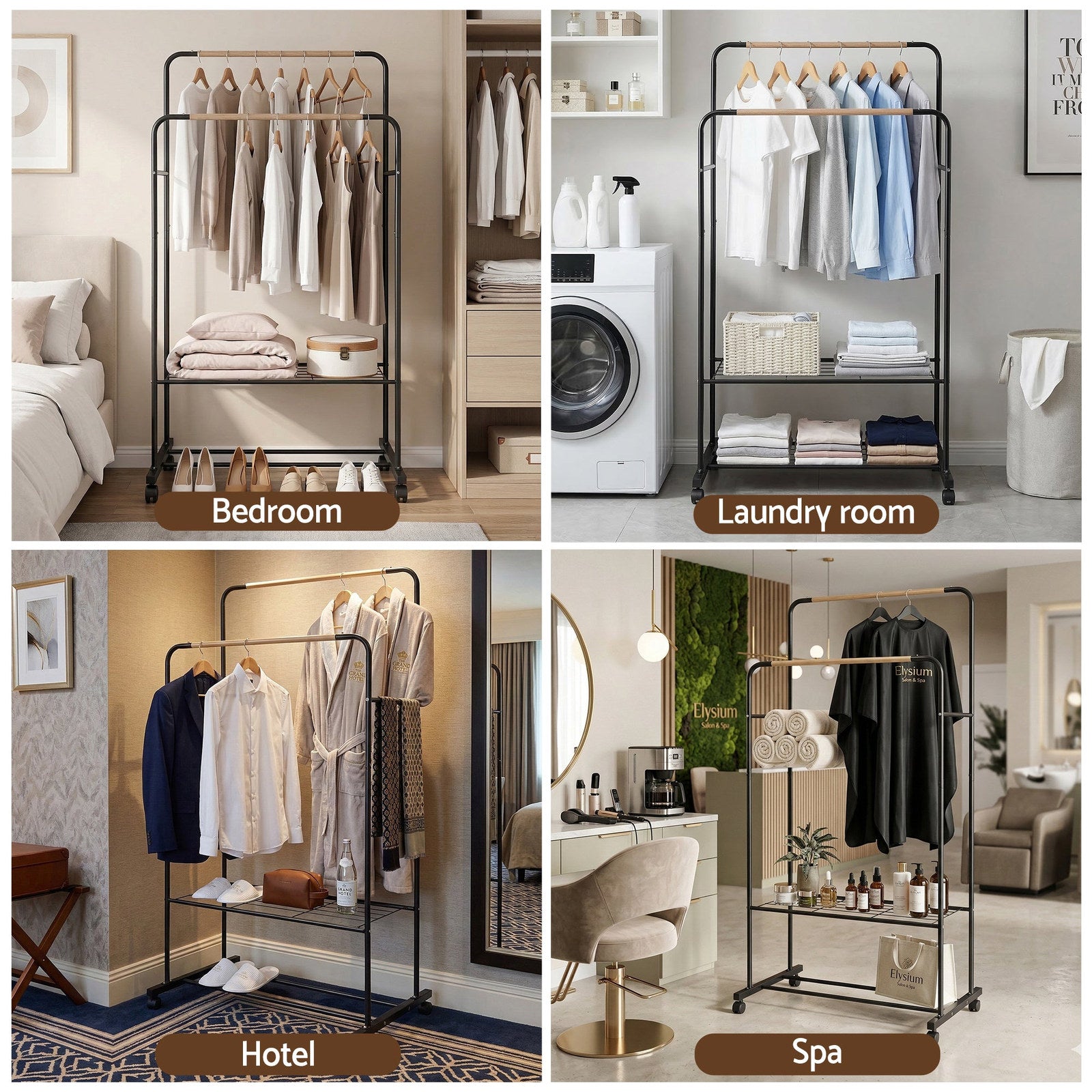 Artiss Double Rod Clothes Rack Black Coat Stand with Wheels and Storage Shelves