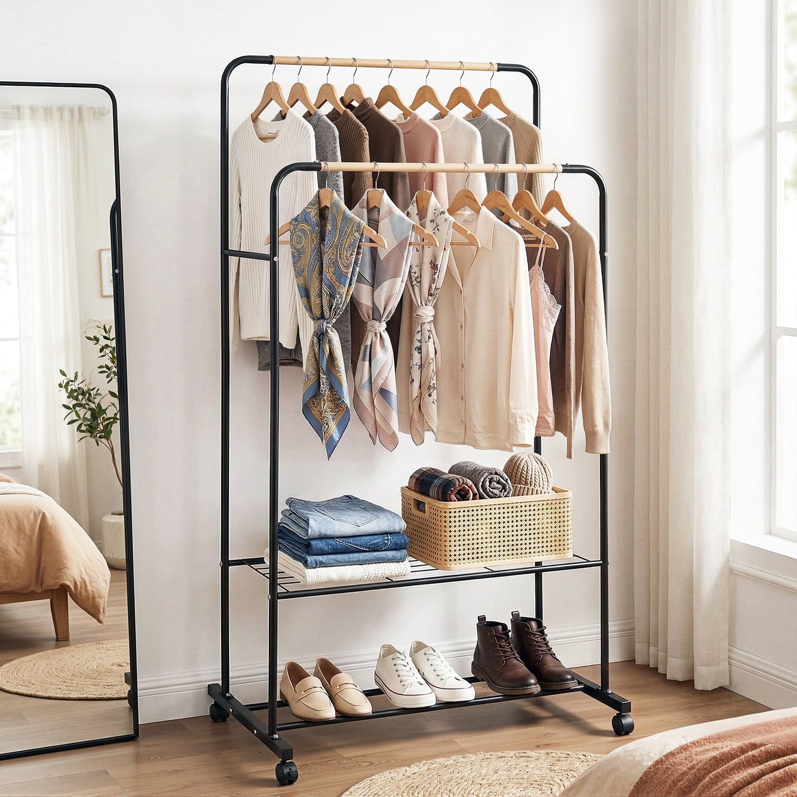 Artiss Double Rod Clothes Rack Black Coat Stand with Wheels and Storage Shelves
