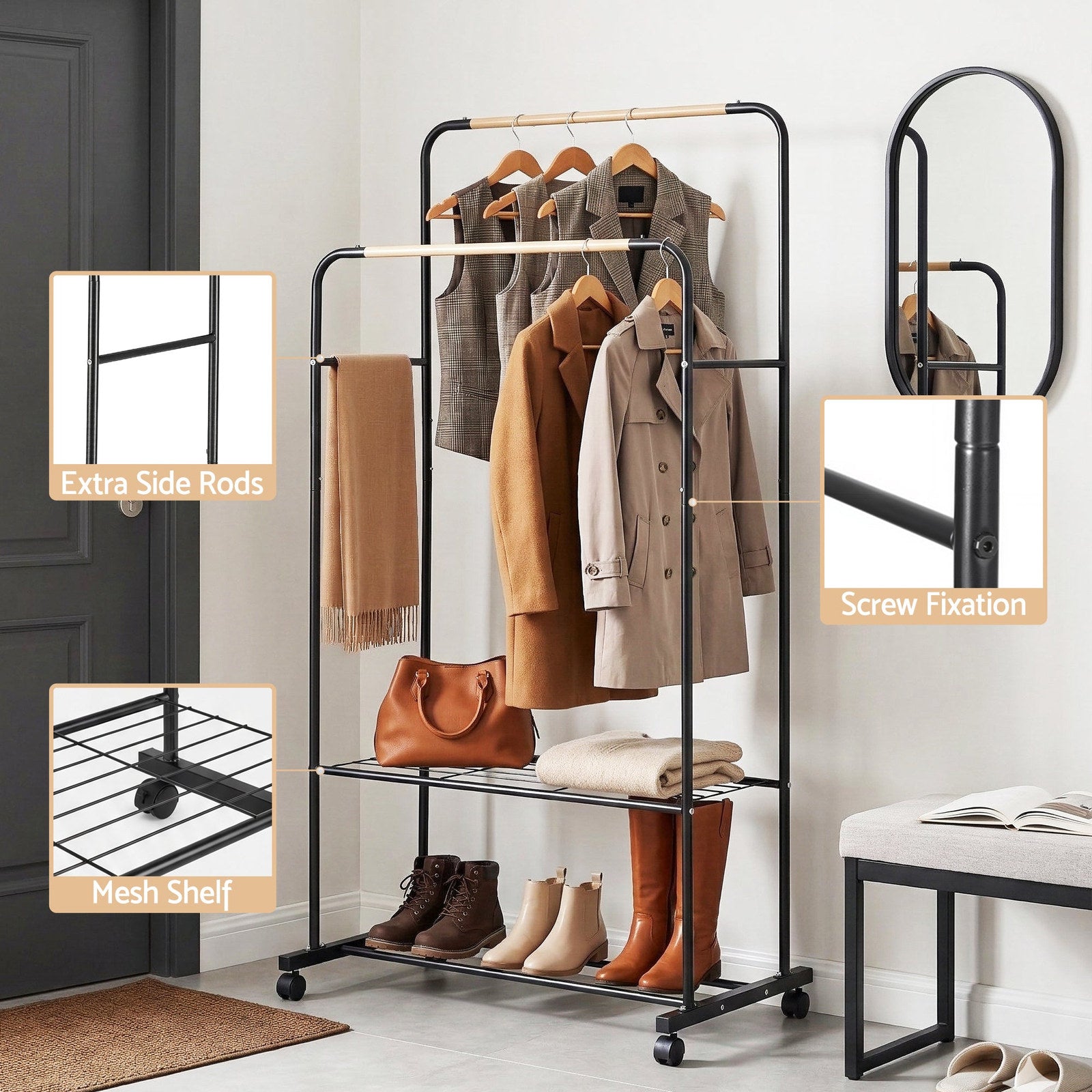 Artiss Double Rod Clothes Rack Black Coat Stand with Wheels and Storage Shelves