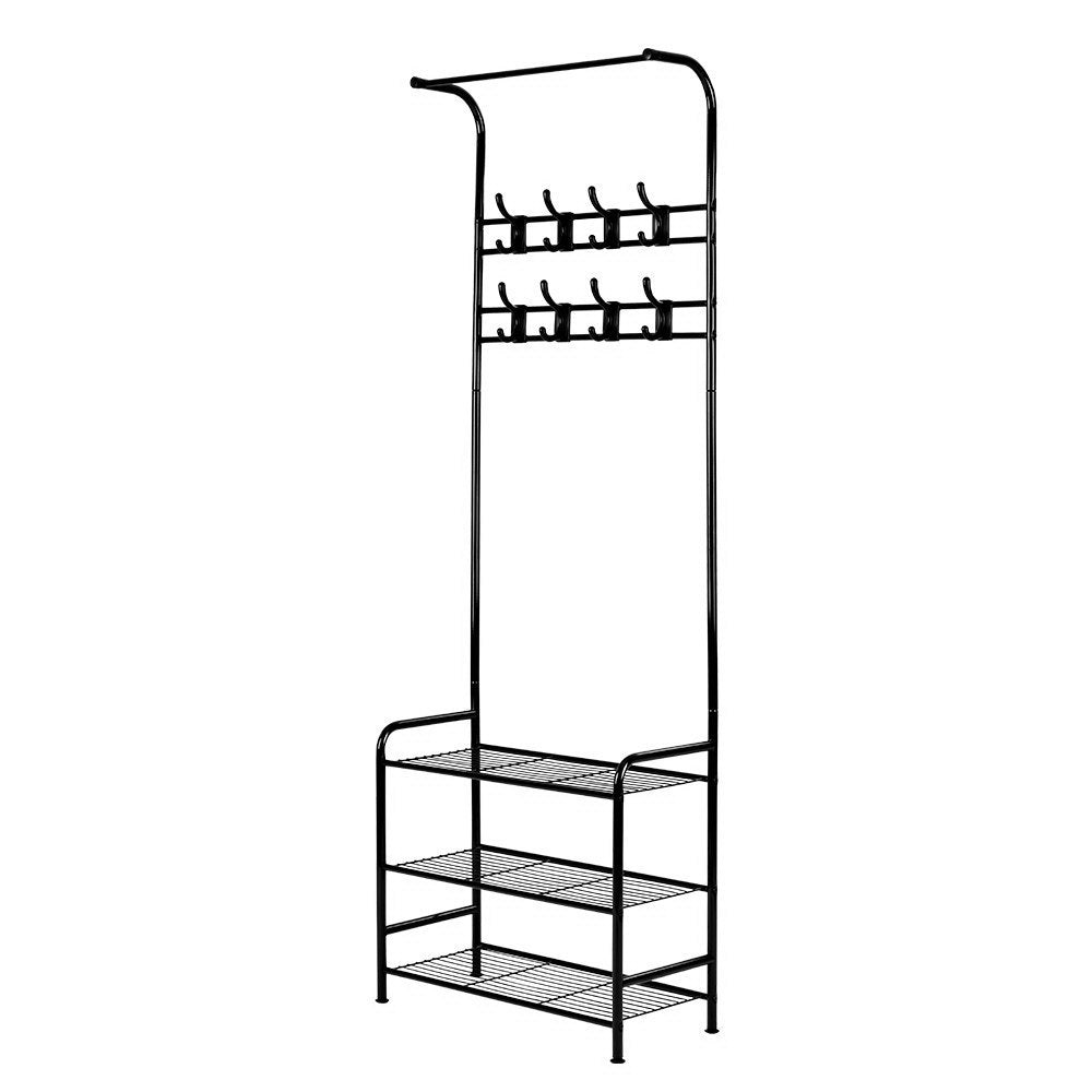 Artiss Metal Clothes Rack 179cm with 3-Tier Shelving & 8 Hooks - Black - SuperSaverAU - view 2