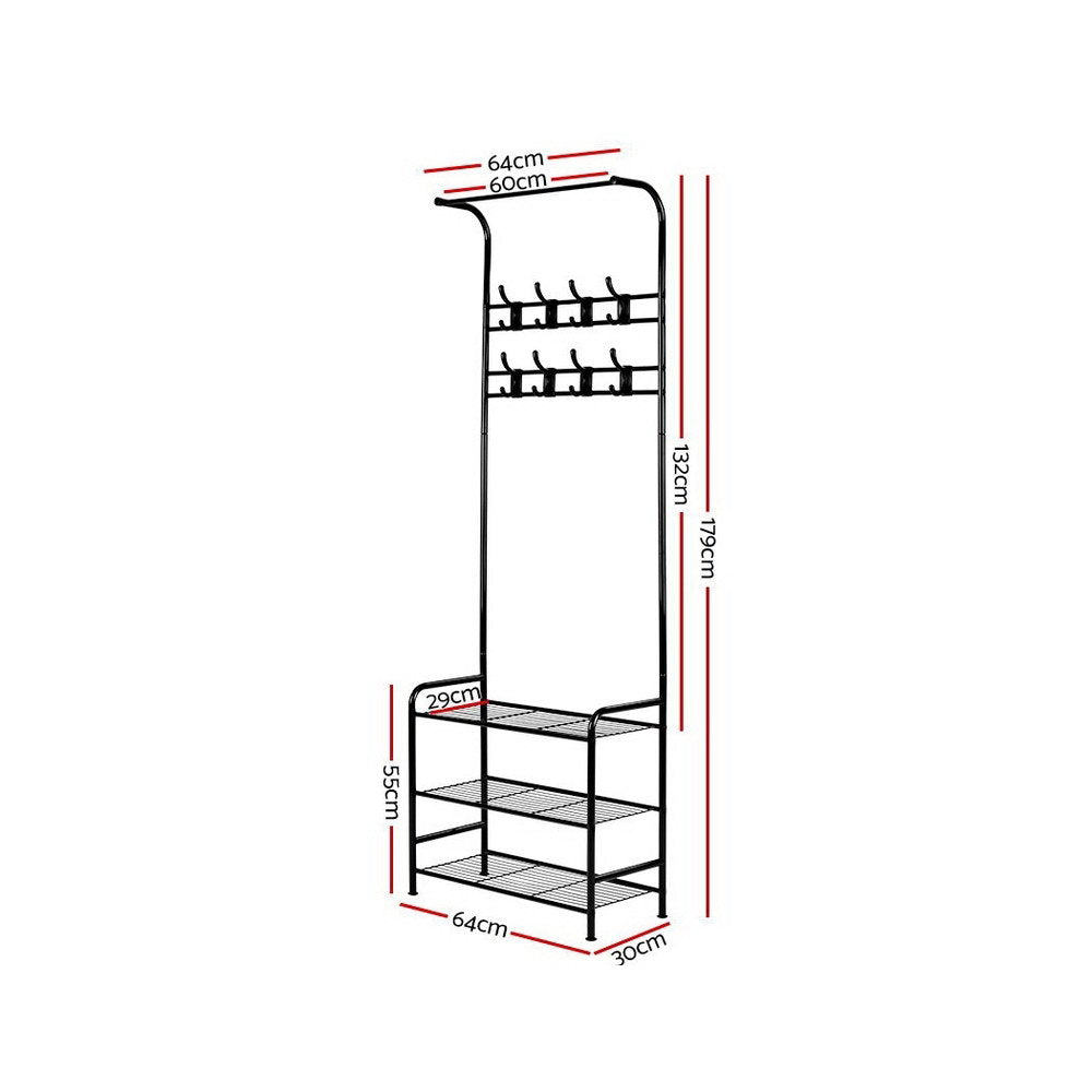 Artiss Metal Clothes Rack 179cm with 3-Tier Shelving & 8 Hooks - Black - SuperSaverAU - view 3
