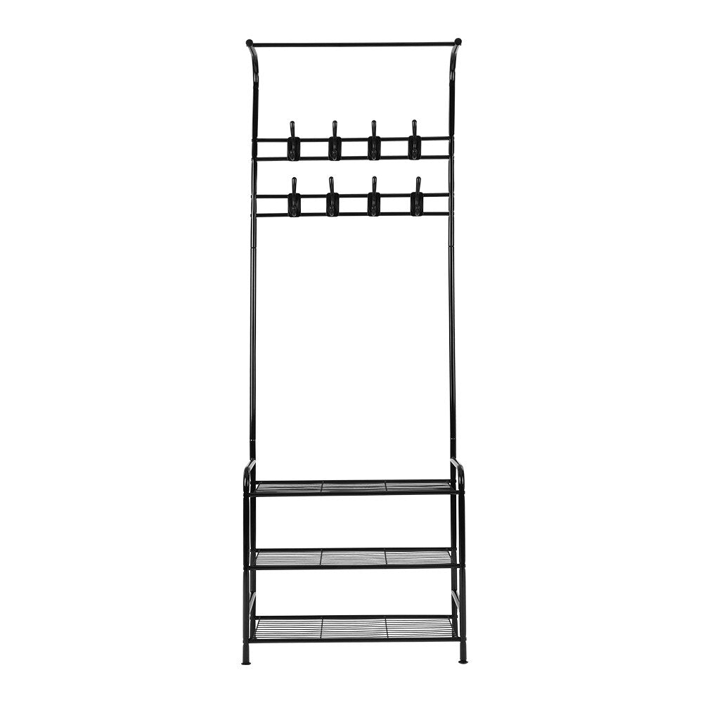 Artiss Metal Clothes Rack 179cm with 3-Tier Shelving & 8 Hooks - Black