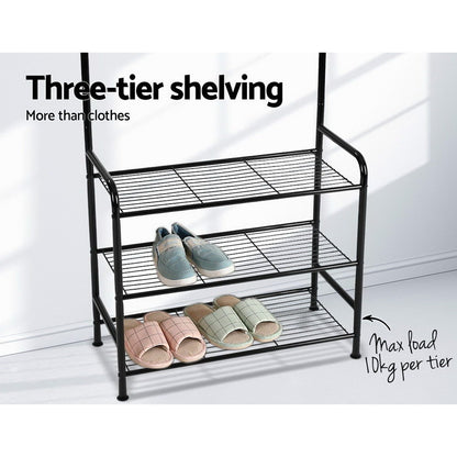 Artiss Metal Clothes Rack 179cm with 3-Tier Shelving & 8 Hooks - Black
