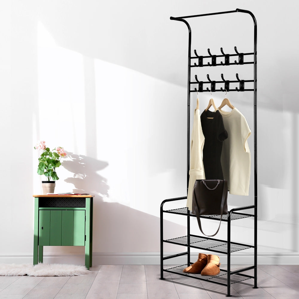 Artiss Metal Clothes Rack 179cm with 3-Tier Shelving & 8 Hooks - Black
