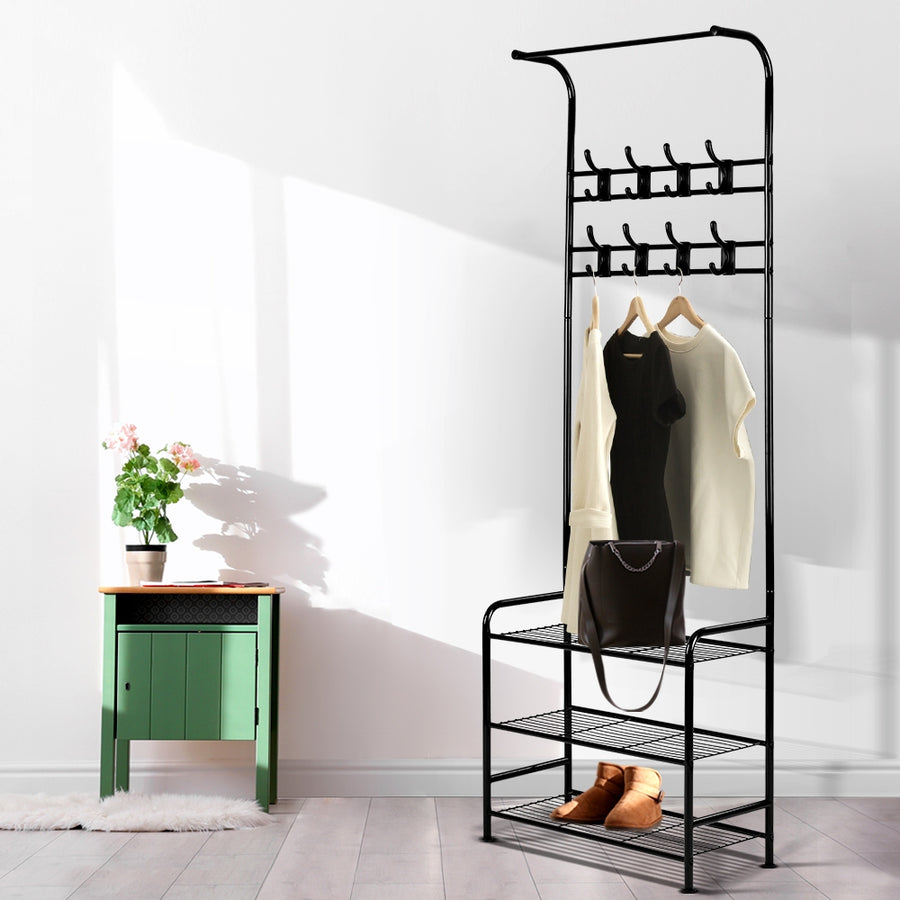 Artiss Metal Clothes Rack 179cm with 3-Tier Shelving & 8 Hooks - Black - SuperSaverAU - view 1