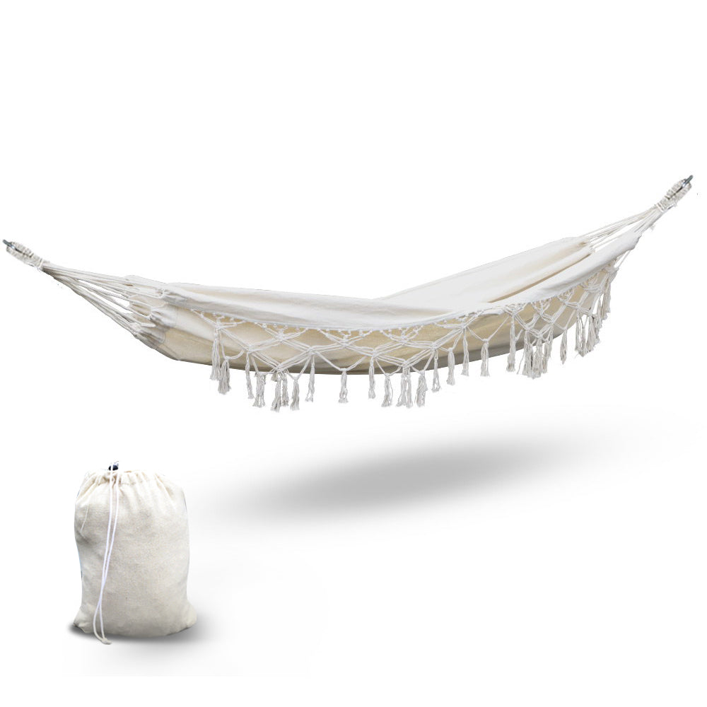 Gardeon Hammock Bed 200cm x 150cm Cream, 150kg Capacity, Handcrafted Tassels